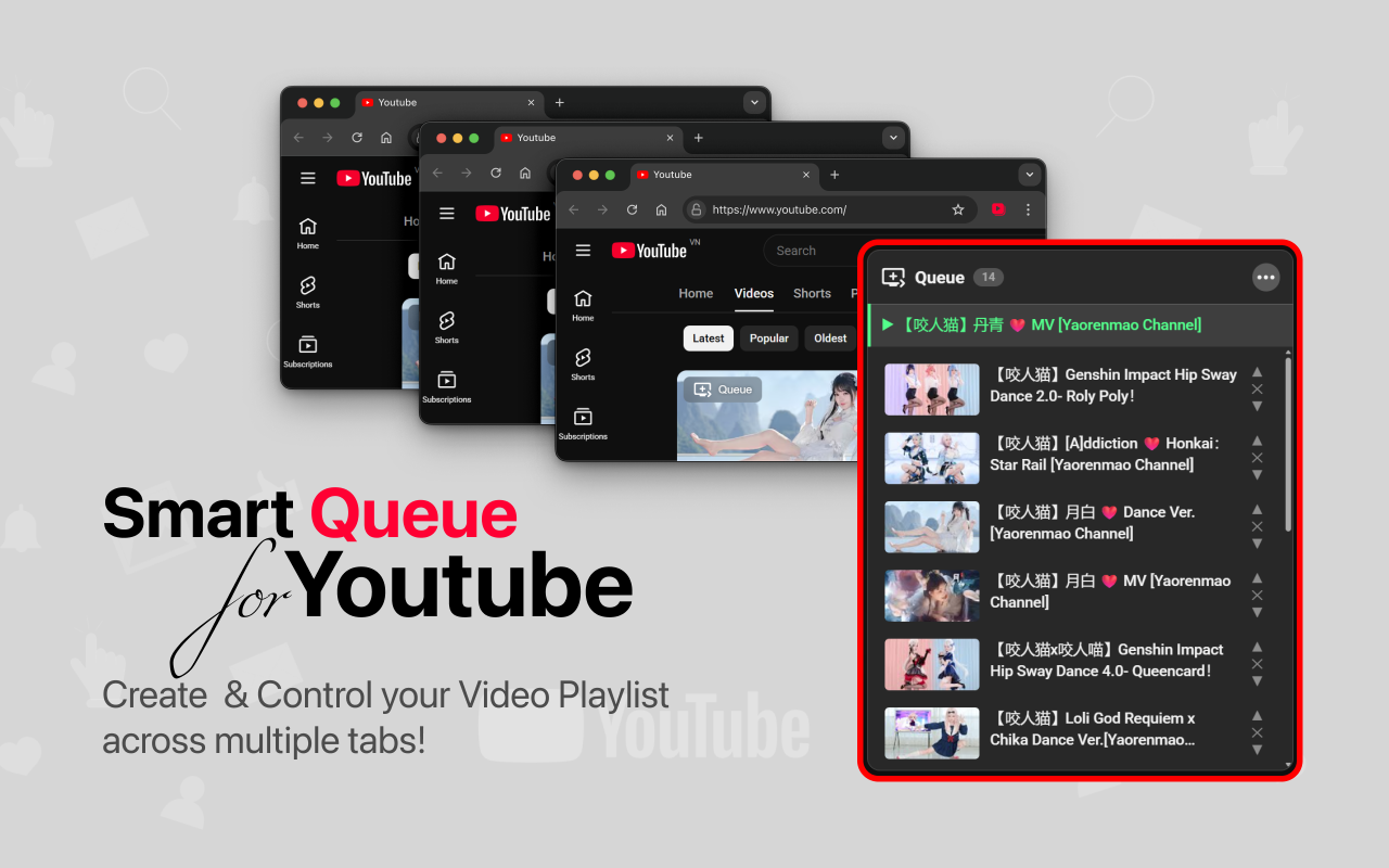 The queue panel open beside three YouTube windows, holding 14 videos.