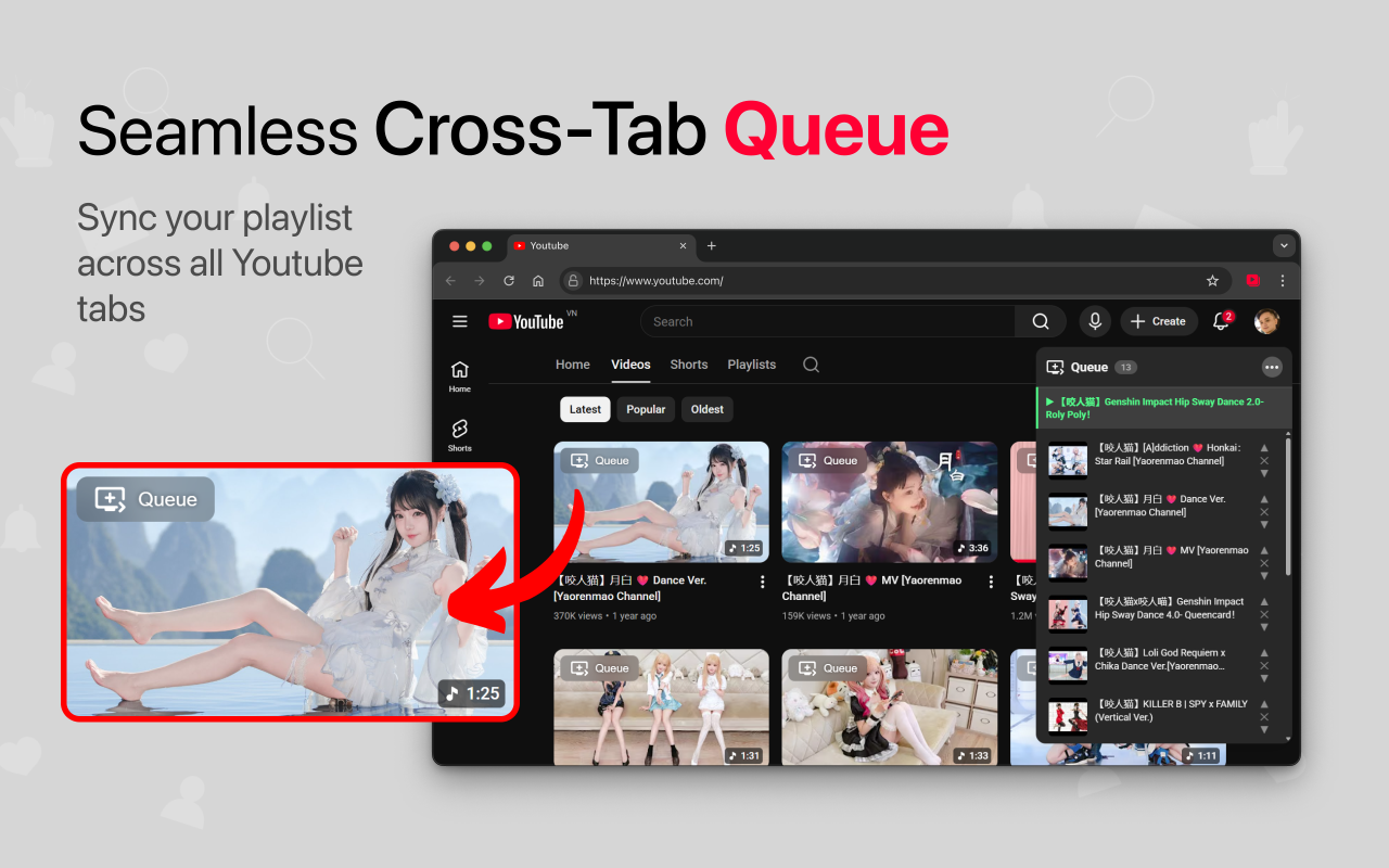 A Queue button on every video thumbnail in the YouTube feed.