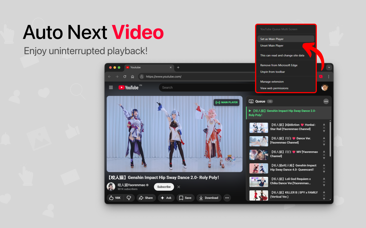 The right-click menu setting a tab as Main Player, with the MAIN PLAYER badge on the video.